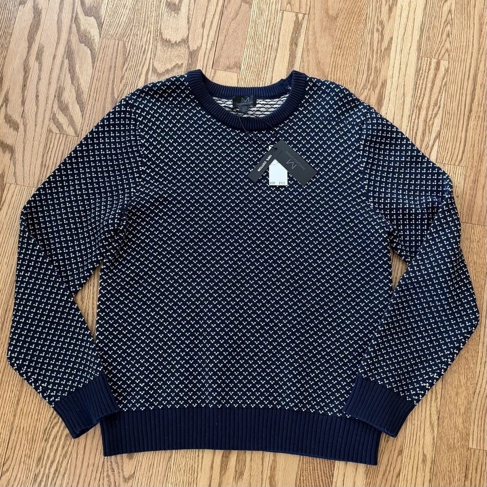 Magaschoni Men's Large Cotton Knit Crewneck Sweater Navy Patterned Chunky Warm